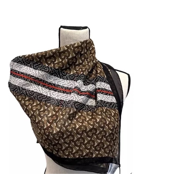 NEW Burberry TB Monogram Bridle Brown Silk Scarf - Picture 3 of 6